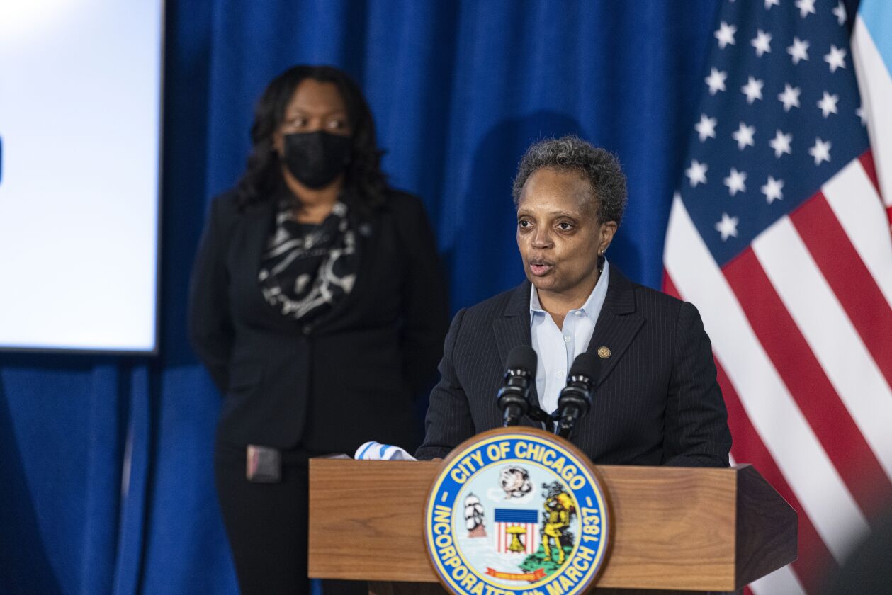 Mayor Lori Lightfoot speaks about the resignation of CPS CEO Janice Jackson and the future of CPS during a press conference at City Hall in the Loop, Monday, May 3, 2021.